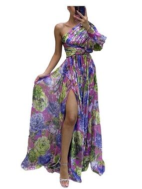 One-Shoulder Floral Maxi Dress- ChicMe